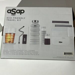 Asap Simple eco friendly travel kit flask tubes pint glass zip and seal pouches